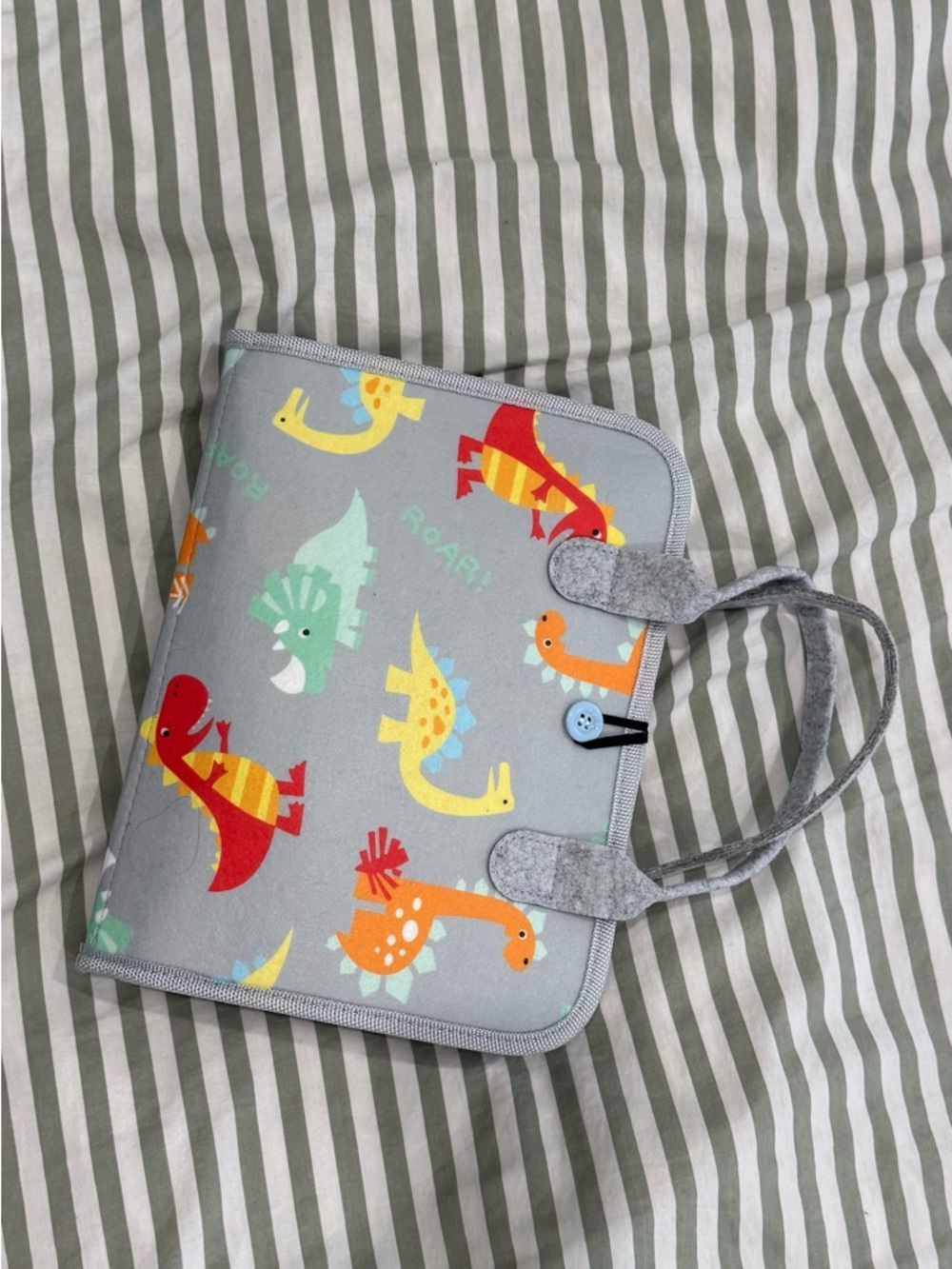 Brand new busy book Bag - Gray with Colorful Dinosaurs